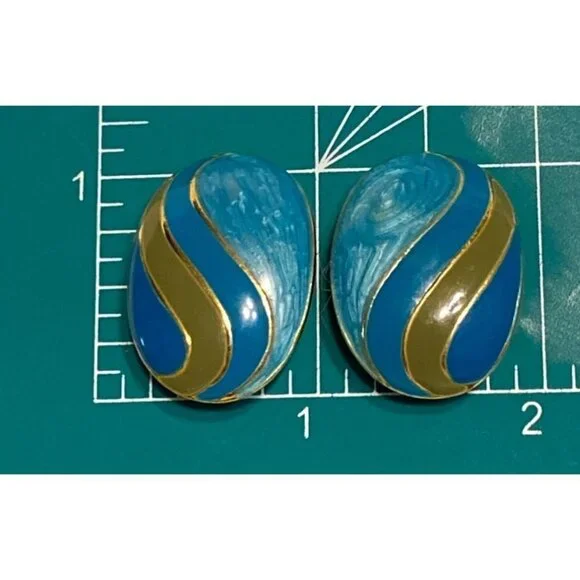 Vintage turquoise & gold enamel striped clip on earrings - 80s enamel clips‎ - Picture 7 of 8